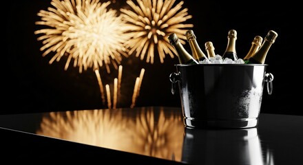 Chilled champagne bottles in ice bucket on glossy table with golden fireworks celebrating festive event night
