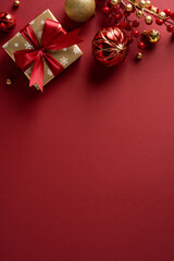 A rich vertical red backdrop features wrapped gifts with red ribbons, gold and red ornaments, and...
