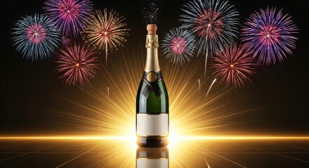 Obraz premium Champagne bottle with golden light burst and colorful fireworks celebrating festive holiday event