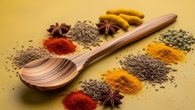 Wooden spoon surrounded by a colorful array of spices