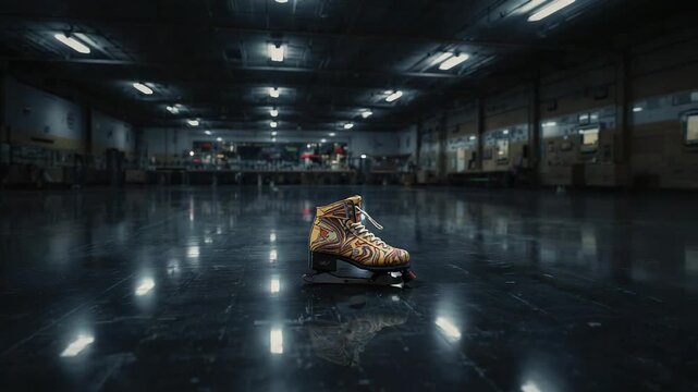 Playback starting, rotating quad roller skate revealing right wheels on polished rink for display