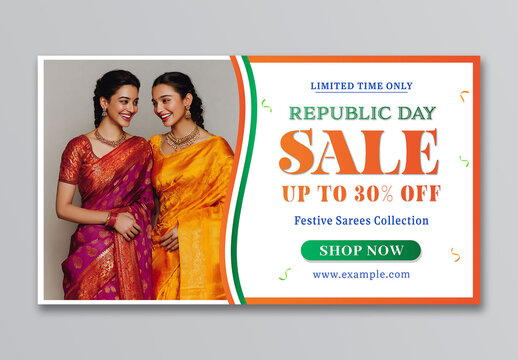 Editable Indian Republic Day Fashion Sale TV Ads Banner with Thirty Percent Discount Offer on Saree Collection.