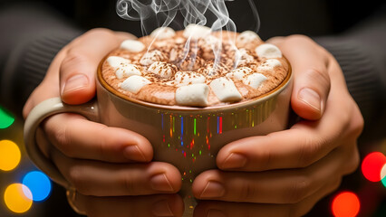Hands holding warm mug of hot chocolate with marshmallows, holiday lights in background