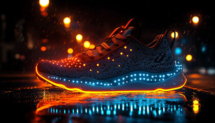 Running shoe glowing in the dark winter night generated by AI