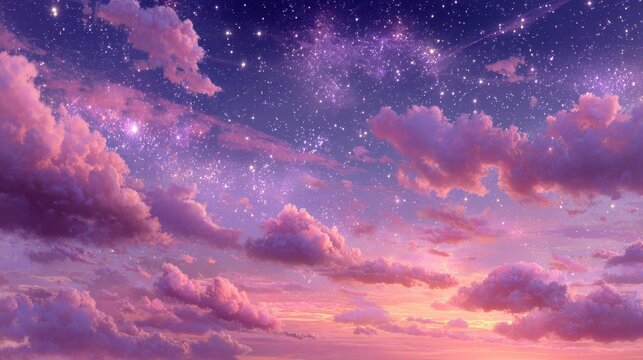 Evening Sky Painting with Pink Clouds and Stars against Purple Background - Powered by Adobe