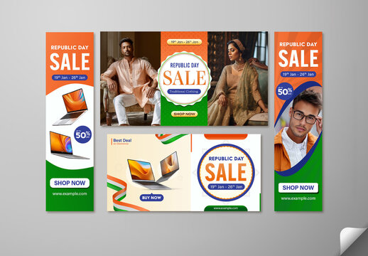 Editable Indian Republic Day Sale TV Ads Banner Template Set in Tricolor Design with 50 Percent Discount on Ethnic Wear and Electronics Items for Limited Time from 19th to 26th January.