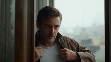 Stepping into doorway, middle-aged man adjusting brown jacket at doorframe, preparing to step out - Powered by Adobe