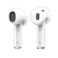 Wireless earbuds with sleek design in soft white color on transparent background for tech advertising "isolated on transparent background