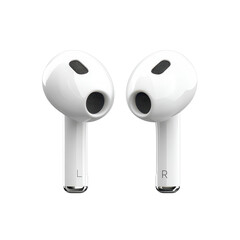 Wireless earbuds in modern minimalist design with soft white finish and sleek silver accents in studio lighting for tech advertising "isolated on transparent background