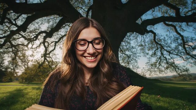 Opening book woman wearing dark top and glasses reading for leisure under tree at park, smiling