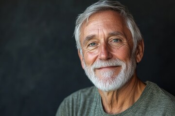 Happy senior man with grey hair showcases a warm smile against a dark background in a close-up portrait taken indoors