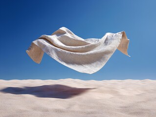 Minimal surreal scene of a textured linen fabric hovering above smooth sand dunes with a clear blue sky.