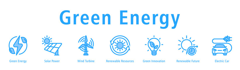 Green Energy web banner icon vector illustration with icons of Green Energy, Solar Power, Wind Turbine, Renewable Resources, Green Innovation, Renewable Future, and Electric Car.