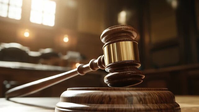 A gavel is placed on a wooden block in a bright courtroom, signifying the start of the judicial proceedings in the morning