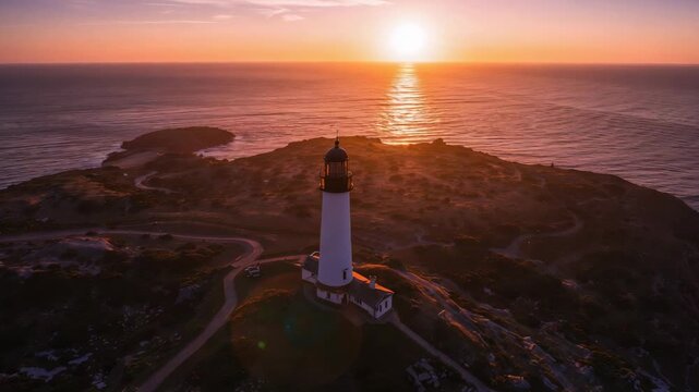 Gliding drone filming lighthouse on rocky coast with sun nearing horizon for silhouette and flare