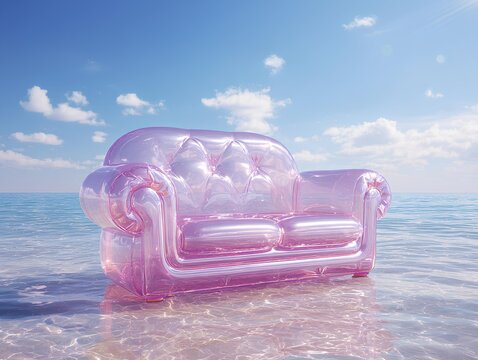 A glossy, translucent inflatable couch in pastel pink set against a bright blue sky and reflective sea.