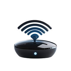 Wireless router with blue wifi signal in modern sleek design with glossy black finish for smart home technology "isolated on transparent background
