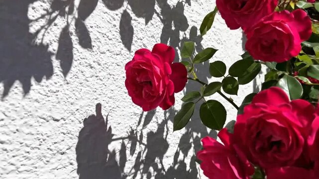 Blooming Red Roses Against White Wall with Leaf Shadows in Sunlight