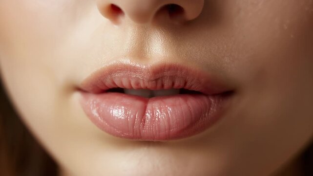 Recording woman's mouth moving through opening, puckering, nibbling in studio macro showing gloss