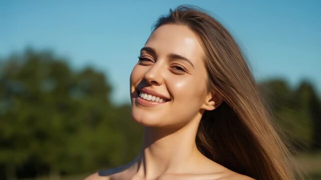 Smiling woman with bare shoulders tilting head back, feeling breeze in park, blue sky, hair flowing