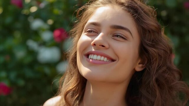Smiling woman curly hair in sleeveless top tilting head posing among roses, sunlight narrowing eyes