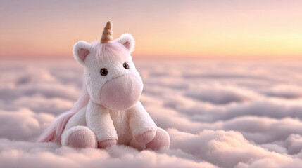Adorable baby unicorn resting on fluffy cloud with white background ideal for imaginative and dreamlike themes