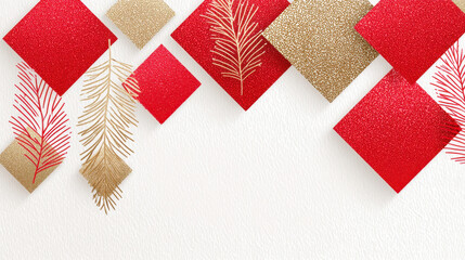 Obraz premium Bright red and gold squares create festive background perfect for Christmas celebrations. elegant design features shimmering textures and delicate pine branches, evoking joyful holiday spirit