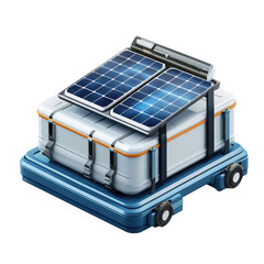 Portable solar generator in modern design with blue accents and silver metallic finish on wheeled dolly for outdoor adventure "isolated on transparent background