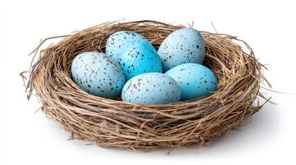 Obraz premium Bird nest with blue eggs on white background for nature and wildlife design