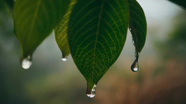 Reacting to mist, central green veined leaf forming, stretching, releasing droplet in park