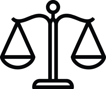 Justice balance scale icon representing law, legal system, fairness, equality, court judgment, and judicial balance concept in simple line style