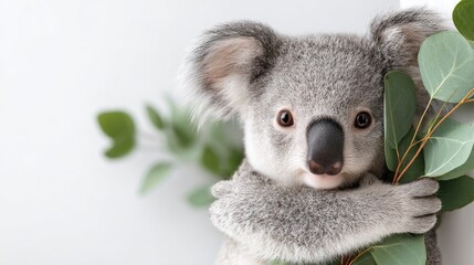 Fototapeta premium Adorable koala embracing eucalyptus branch on white background for wildlife and nature themes