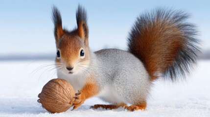 Charming squirrel with acorn in snowy winter scene on white background for nature and wildlife design