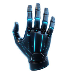Robotic Hand Futuristic Neon Blue High-Tech Prosthetic Close-Up "isolated on transparent background
