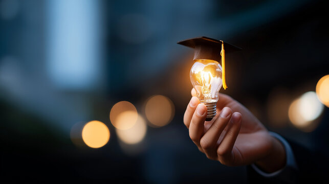 Business hand holding AI light bulb with graduation cap artificial intelligence education interface smart learning visualization online course platform digital transformation