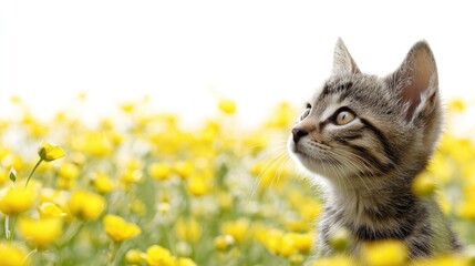 Cute kitten among blooming buttercups for spring theme on white background