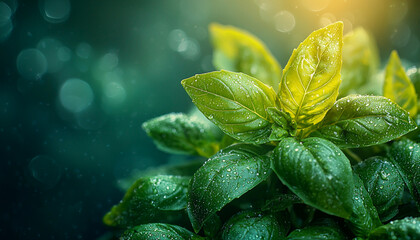 Bright green leaves glisten with morning dew drops generated by AI