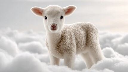 Fototapeta premium Adorable lamb on fluffy cloud with white background - concept of innocence and tranquility for dreamy designs