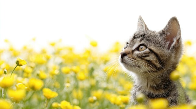 Cute kitten among blooming buttercups for spring theme on white background