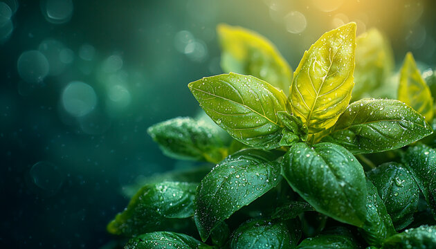 Bright green leaves glisten with morning dew drops generated by AI