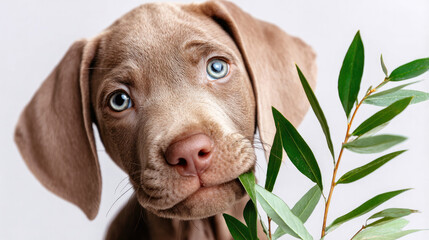 Adorable puppy with green sprig in mouth on white background for pet enthusiasts and nature lovers