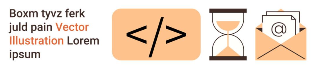 Web development, time tracking, email communication, digital workflow, modern technology, productivity. Code symbol, hourglass and email icons. Web development and time tracking concepts