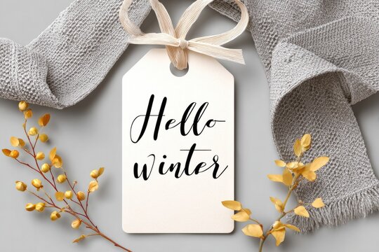 Cozy winter greeting concept with handwritten tag and ribbon for holiday design on soft background