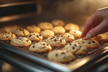Golden chocolate chip cookies cooling on a rack with steam rising in a warm kitchen environment