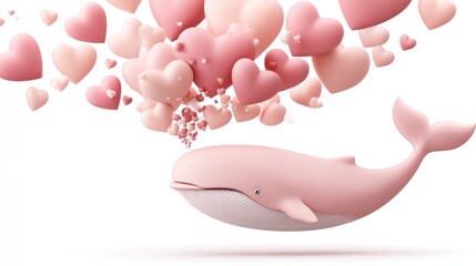 Whale blowing heart-shaped bubbles on white background for love and romance theme