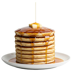 A tall stack of fluffy pancakes dripping with golden maple syrup and topped with butter on transparent background