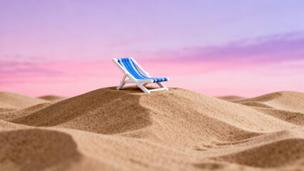 Pink-Purple Sky Sand Dune & Beach Chair 3D Illustration Scene