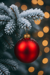 Macro Detail of Snow, Frost, and a Red Christmas Ornament