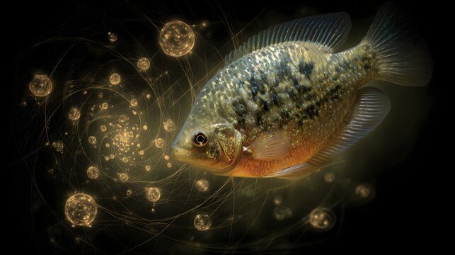 Fish swims within golden orb fractal