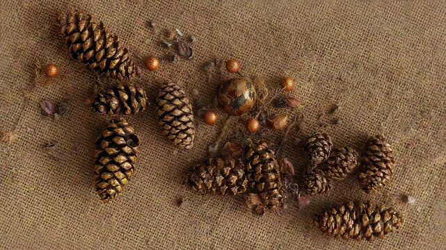 Camera slowly reframing over burlap pine cone cluster with golden beads, patched ornament showing